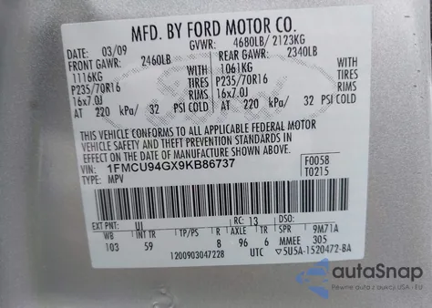 2009 Ford Escape Limited из США, поврежденный, VIN 1FMCU94GX9KB86737